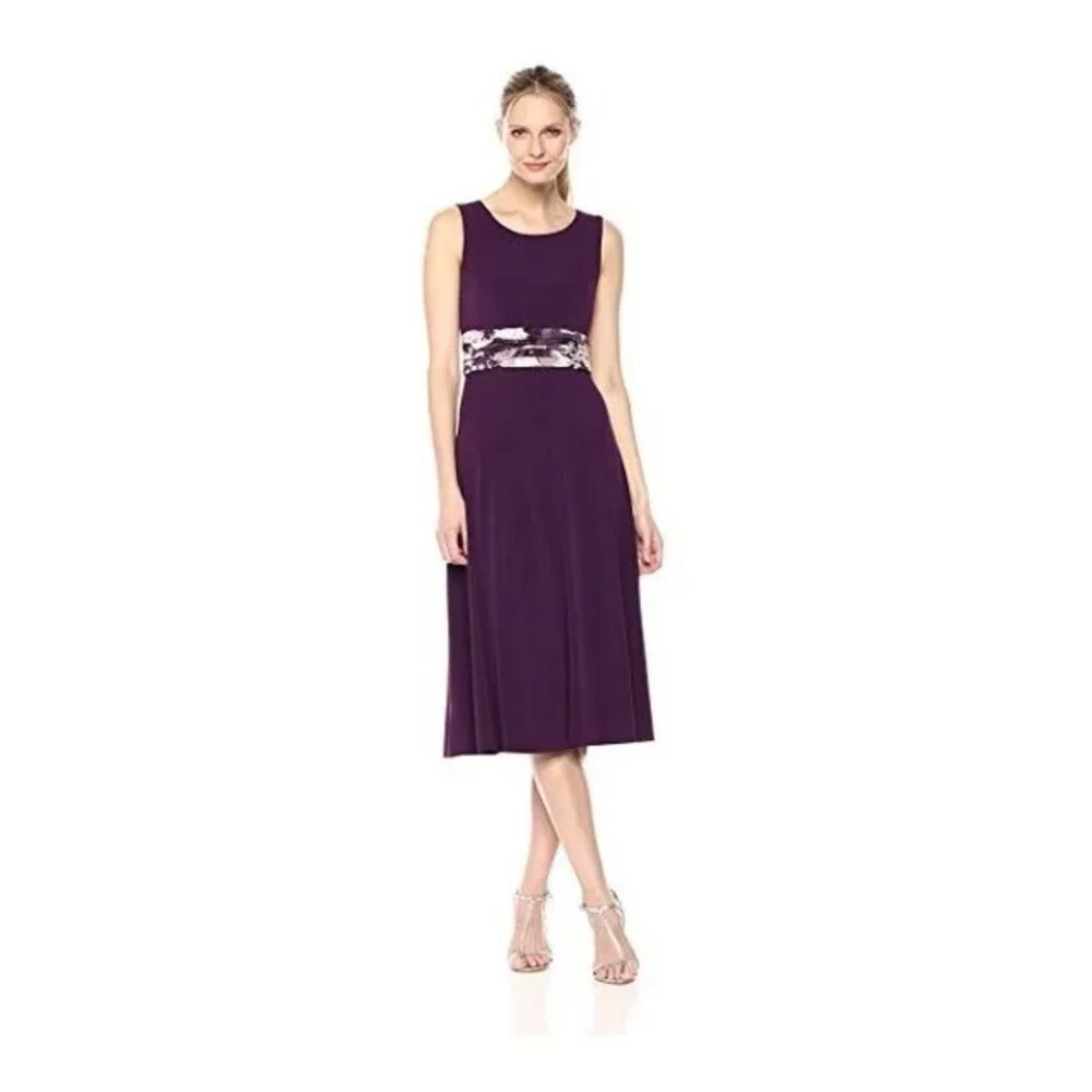 Jessica Howard Plum Purple Floral Midi Dress w/ Ruched Bodice Sz 6P